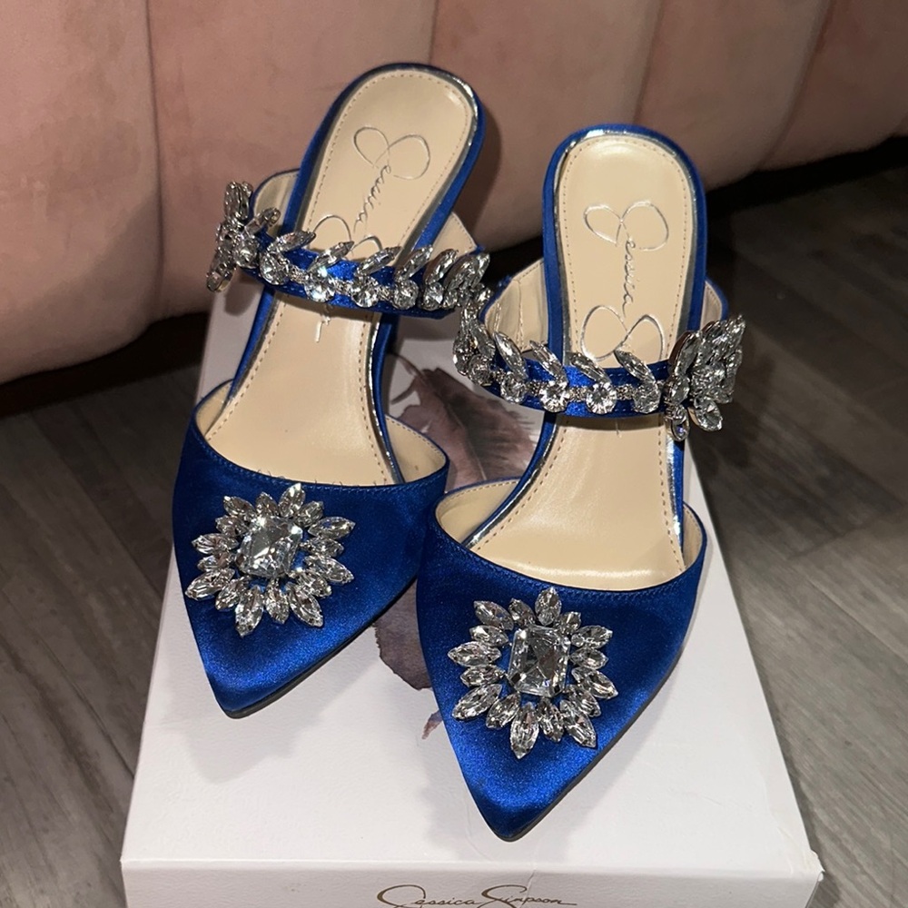 Jessica Simpson Blue Satin Heels with Crystal Embellishments